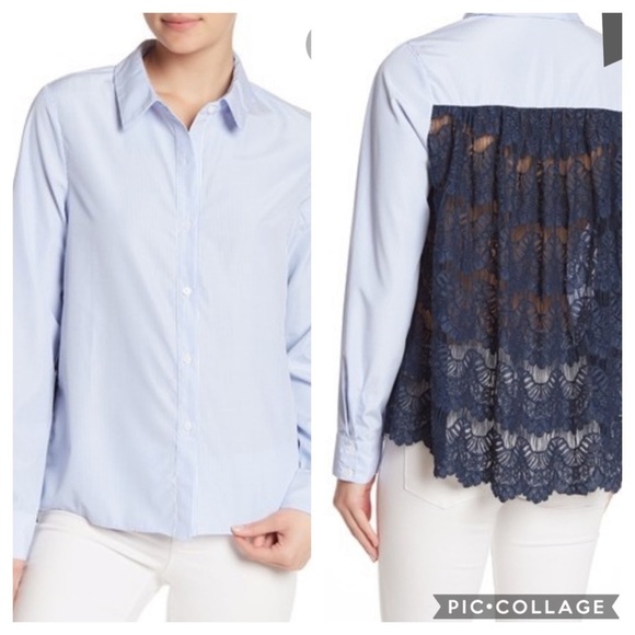 Anthropologie English Factory Blue & White Striped Cotton Shirt w/ Lace Back - Picture 1 of 13